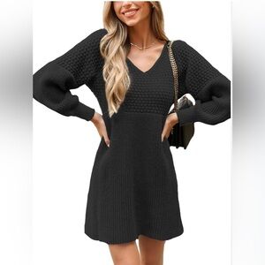 Honeycomb Knit V-Neck Mini Sweater Dress